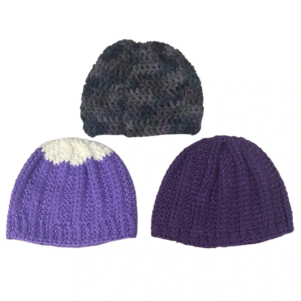 Girl’s Handmade Crochet Beanies Textured Sweater Knit Butterfly Metallic Purple